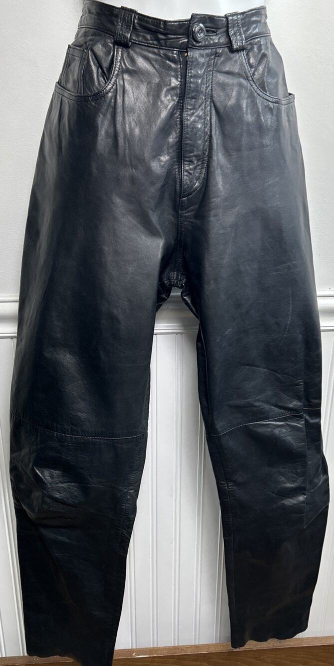 VTG Wilsons Leather Pants Womens 10 Black High Waisted Tapered Biker 90s Y2K